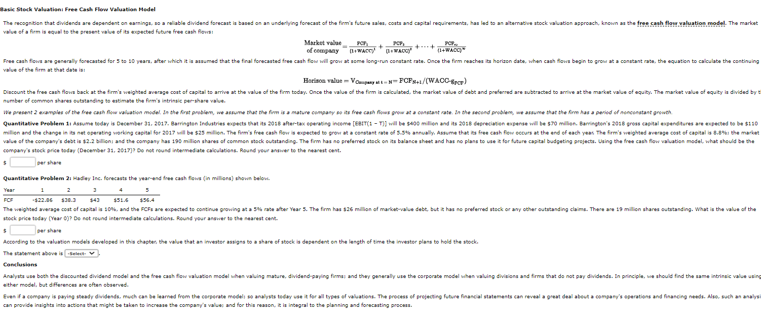 Solved Basic Stock Valuation Free Cash Flow Valuation Model Chegg