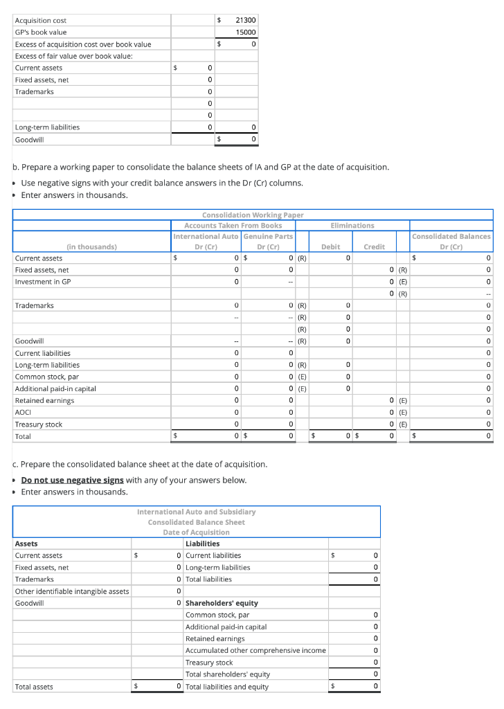 Consolidated Balance Sheet Working Paper, | Chegg.com