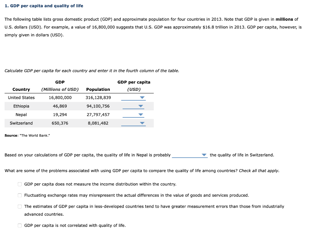 Solved 1. GDP per capita and quality of life The following | Chegg.com