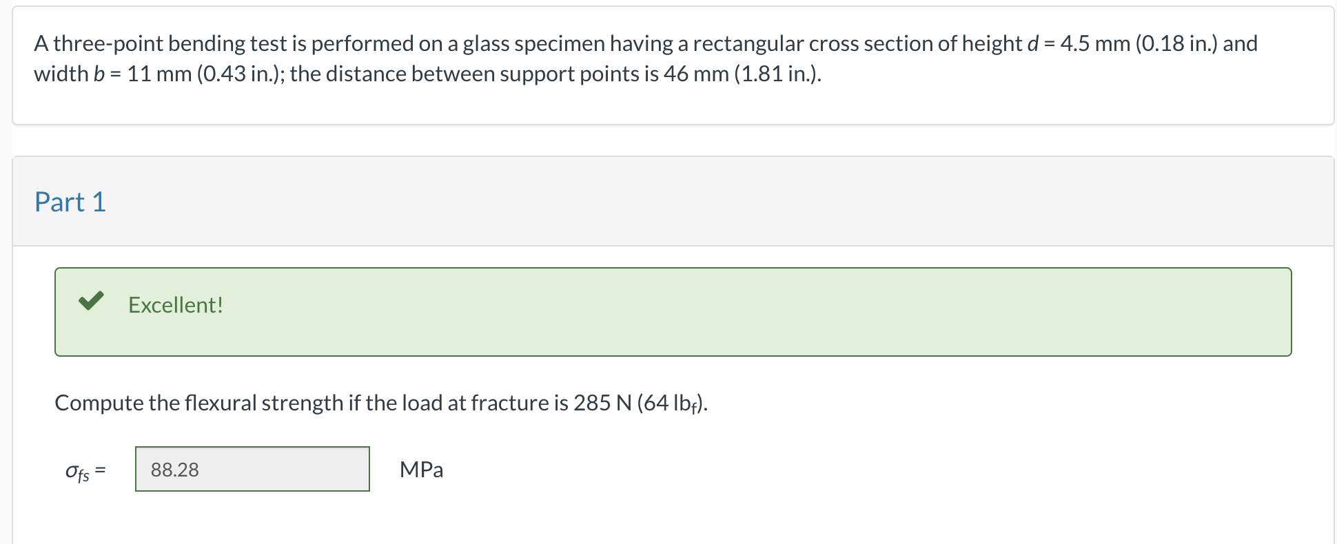 Solved A three-point bending test is performed on a glass | Chegg.com