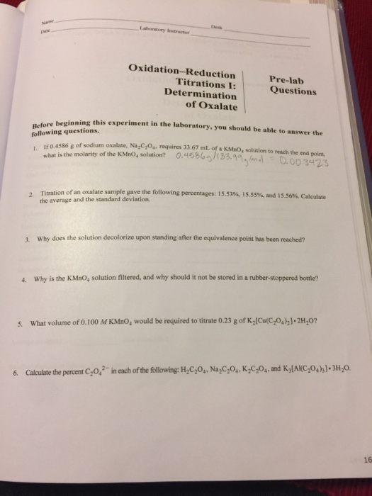 Solved OxidationReduction Titrations I Determination of