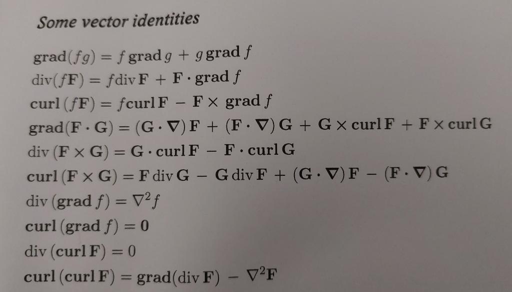 Some vector identities
\( \operatorname{grad}(f g)=f \operatorname{grad} g+g \operatorname{grad} f \)
\( \operatorname{div}(f