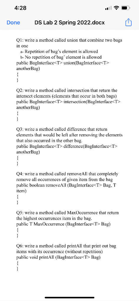 Solved 4:28 Done DS Lab 2 Spring 2022.docx Q1: write a | Chegg.com