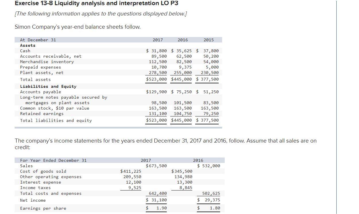 Solved Exercise 13-8 Liquidity Analysis And Interpretation 