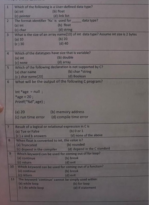 Solved 1 Which of the following is a User-defined data type? | Chegg.com
