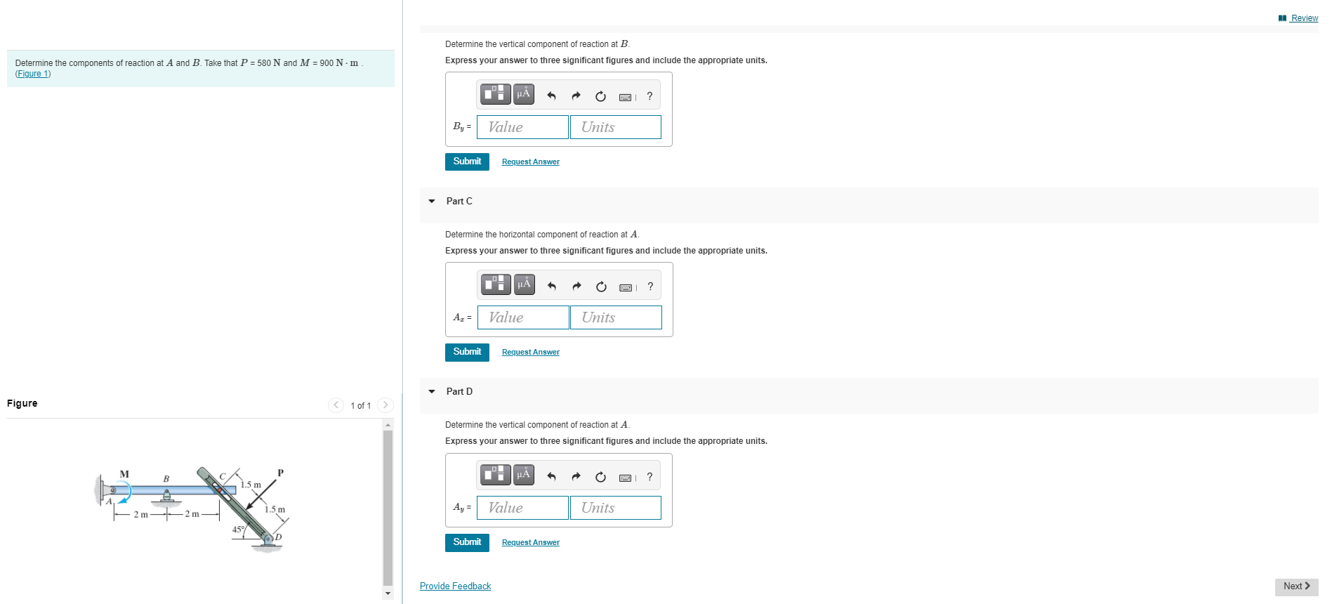Solved Review Part A Determine the components of reaction at | Chegg.com
