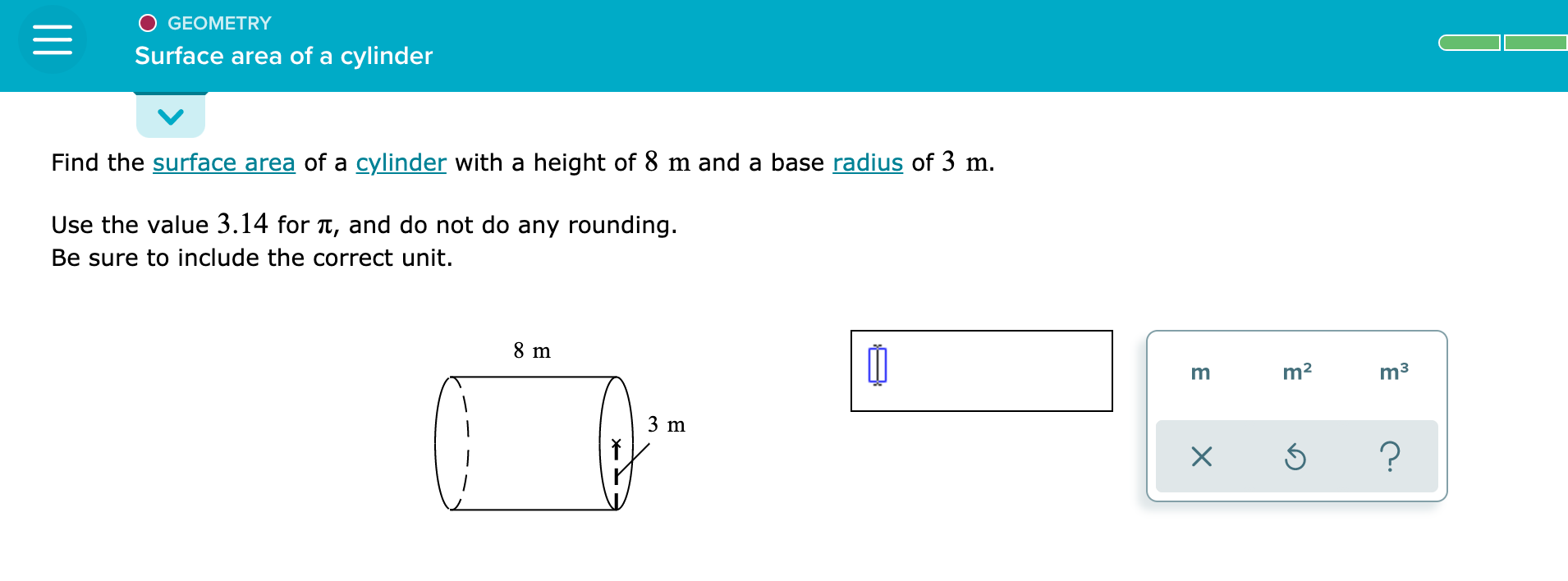 surface area of cylinder with base radius 3 and height 8