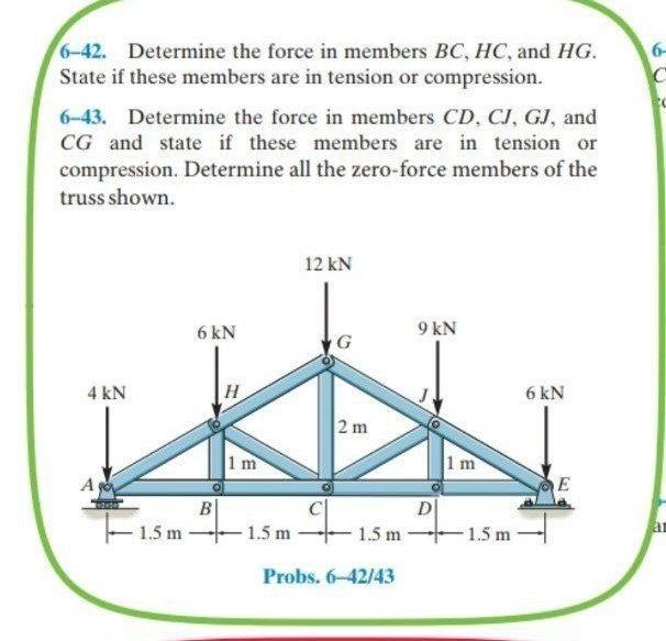 Solved 6 6-42. Determine the force in members BC, HC, and | Chegg.com