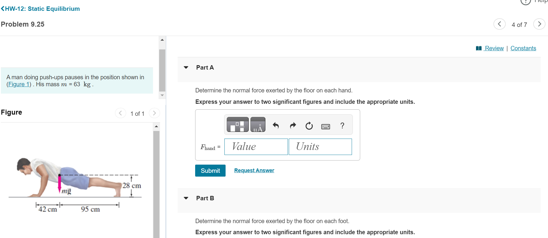 Solved Fhand ={:[ Value Units ]m=63kg.FigurePart ADetermine | Chegg.com