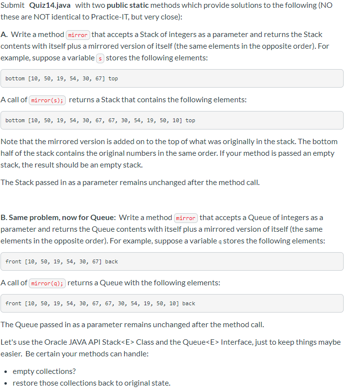 Solved Submit Quiz 14.java with two public static methods | Chegg.com