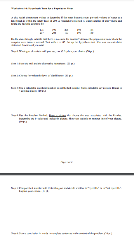 Solved Worksheet 10: Hypothesis Tests for a Population MeanA | Chegg.com