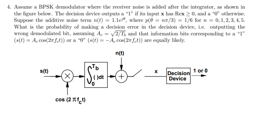 4. Assume a BPSK demodulator where the receiver noise | Chegg.com