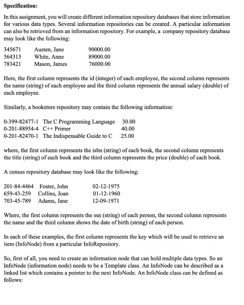 Solved Specification: In this assignment, you will create | Chegg.com
