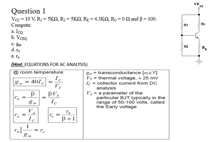 Solved Question 1 Vcc 10 V R1 5k2 R2 5k2 Rg 4 Chegg Com