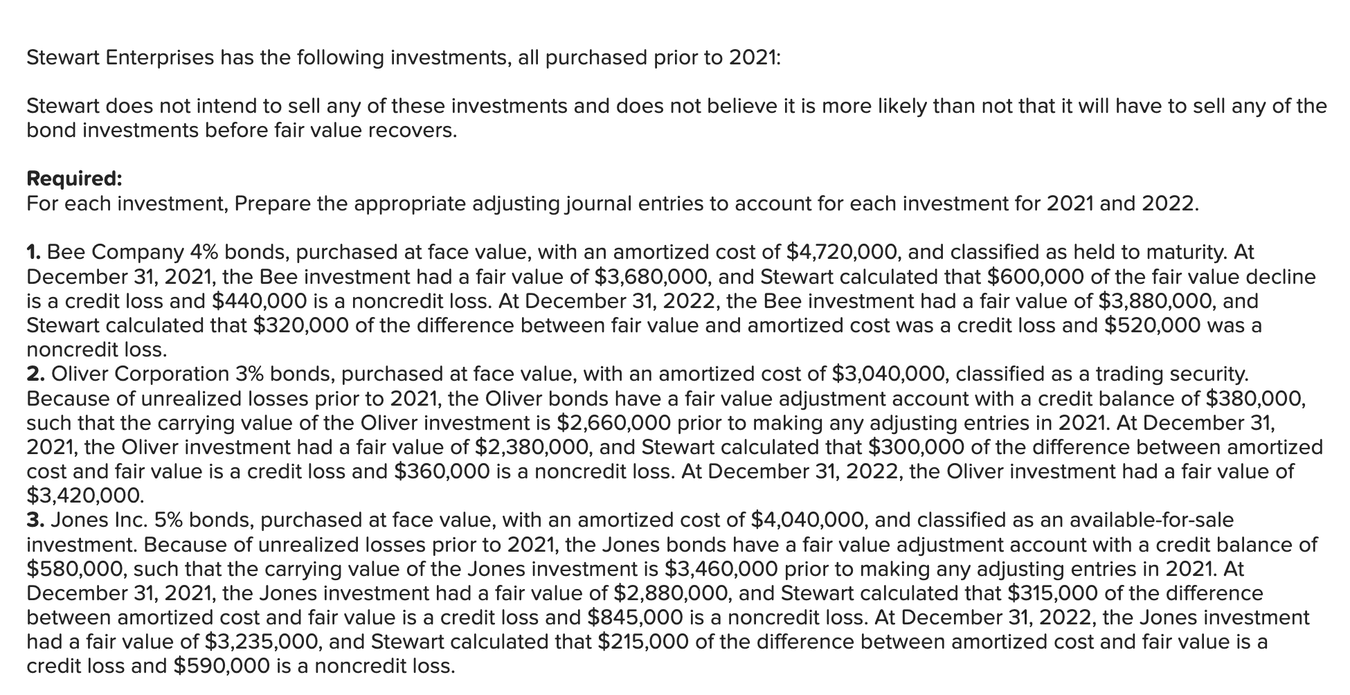Solved Stewart Enterprises has the following investments,