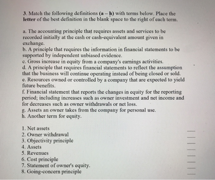 Solved 3. Match the following definitions (a -h) with terms | Chegg.com