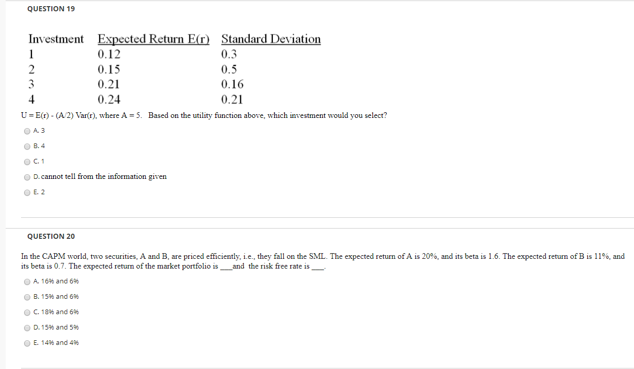 Solved Question 19 Investment Expected Return E R Standa Chegg Com