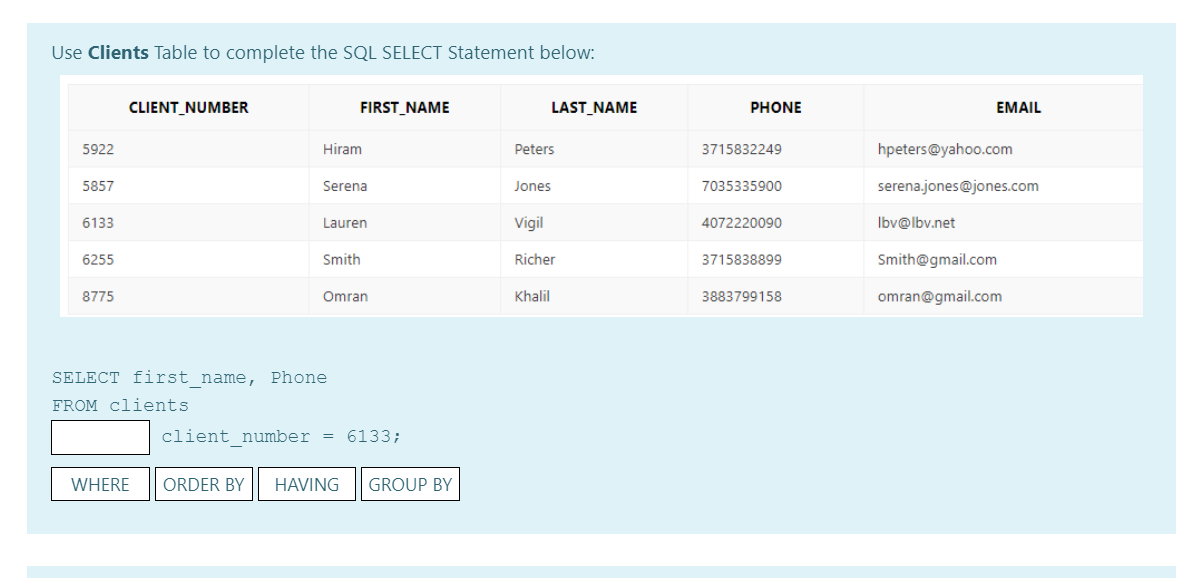 Solved Use Clients Table to complete the SQL SELECT | Chegg.com