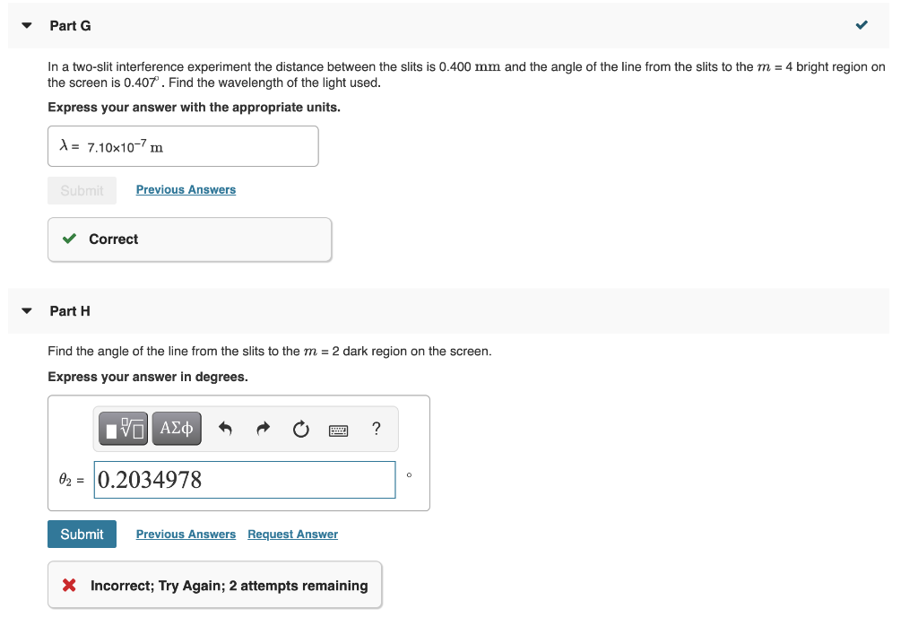 Solved Part G In a two-slit interference experiment the | Chegg.com