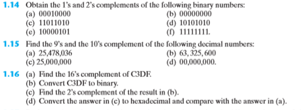 Solved 1.14 Obtain the 1's and 2's complements of the | Chegg.com