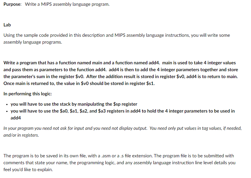 Purpose: Write A MIPS Assembly Language Program. Lab | Chegg.com