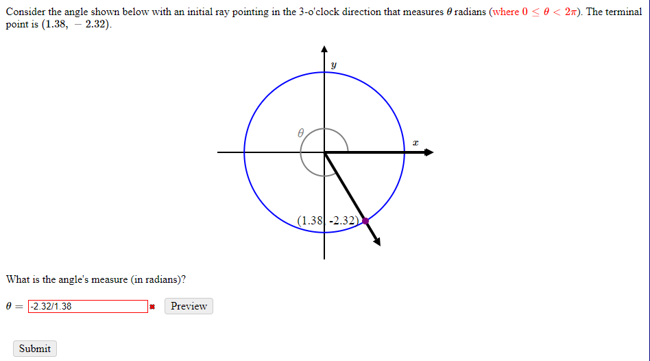 Consider the angle shown below with an initial ray pointing in the 3-oclock direction that measures \( \theta \) radians (wh