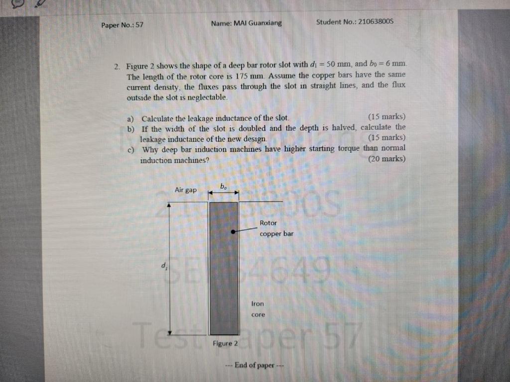 Solved 2. Figure 2 shows the shape of a deep bar rotor slot | Chegg.com