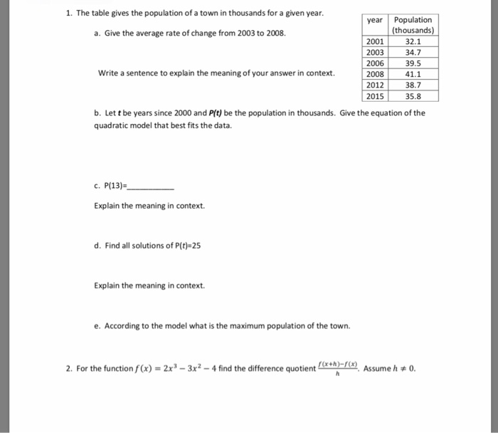 Solved 1. The table gives the population of a town in | Chegg.com