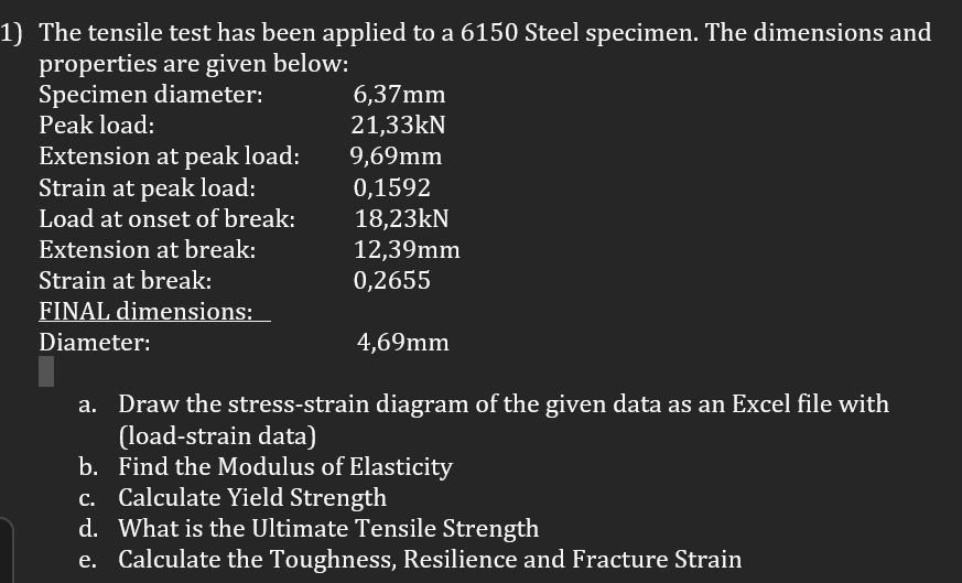 Solved I Need Excel File With Calcultaion The Tensile