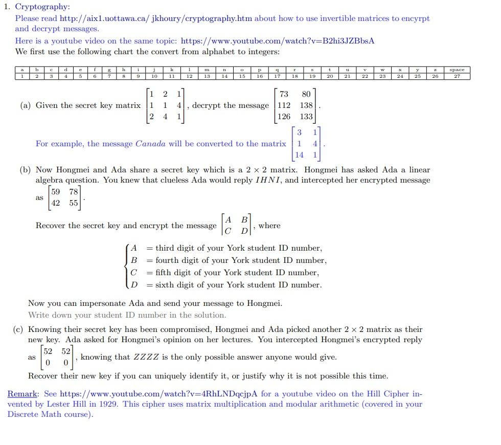 1. Cryptography: Please read | Chegg.com