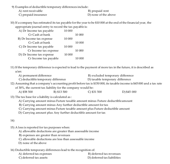 Solved 9) Examples of deductible temporary differences | Chegg.com