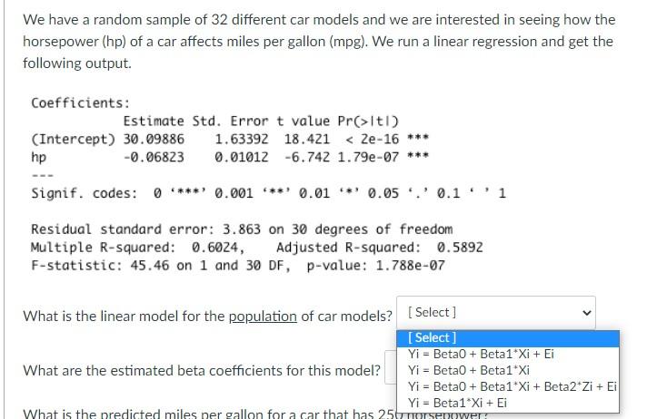 Solved We have a random sample of 32 different car models | Chegg.com