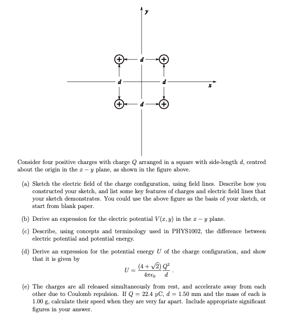 Solved + X + Consider four positive charges with charge Q | Chegg.com