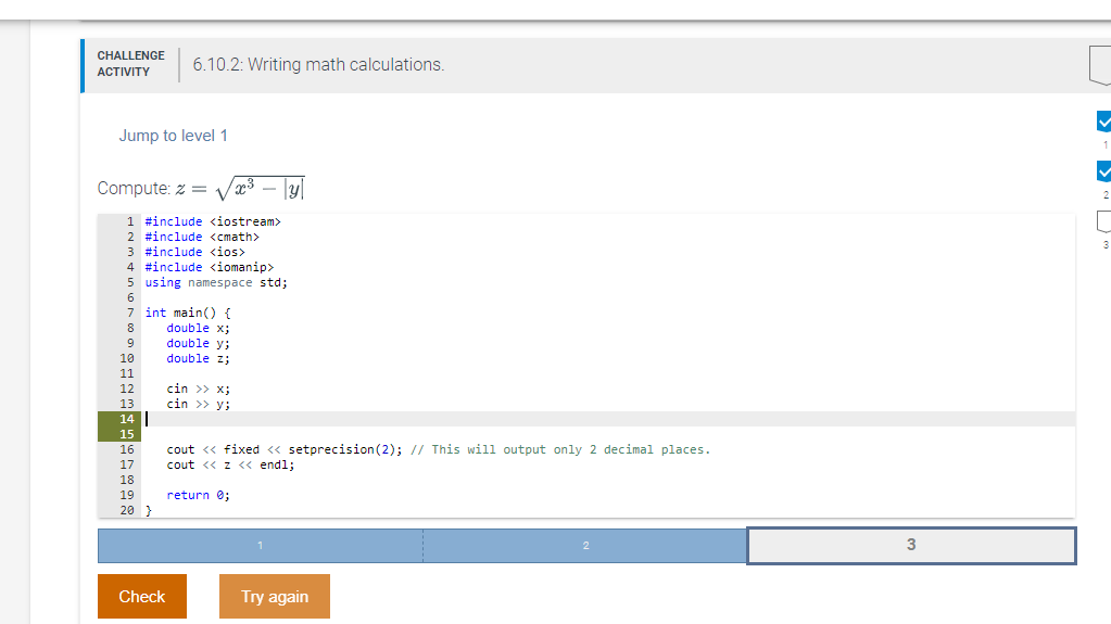 Solved CHALLENGE ACTIVITY 6.10.2: Writing math calculations 