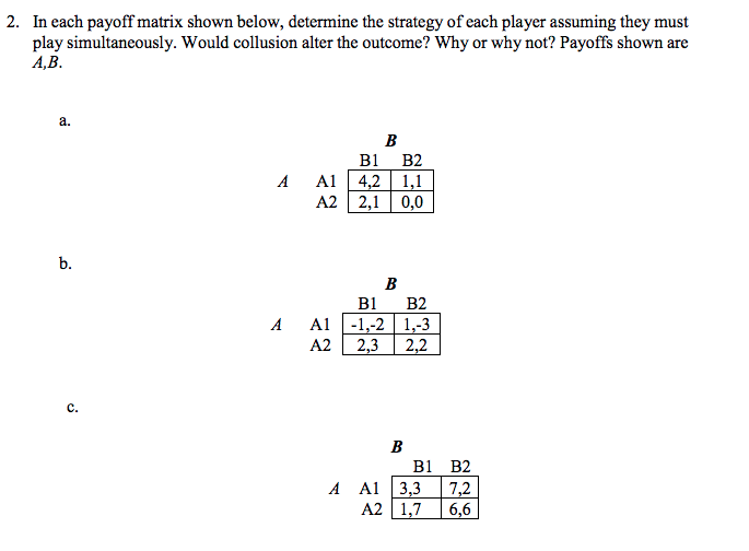 Solved 2. In each payoff matrix shown below, determine the | Chegg.com