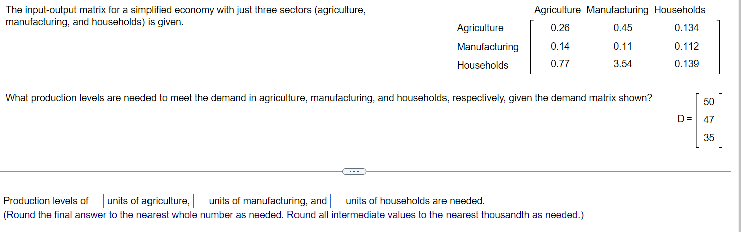 Solved The input-output matrix for a simplified economy with | Chegg.com