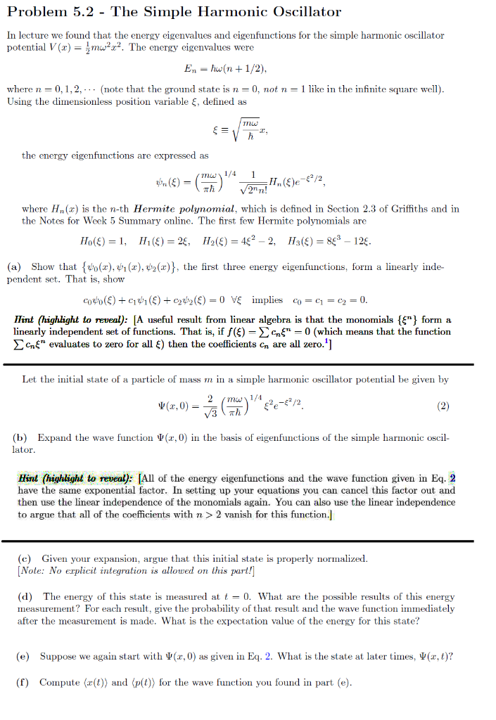 Solved Problem 5.2 - The Simple Harmonic Oscillator In | Chegg.com