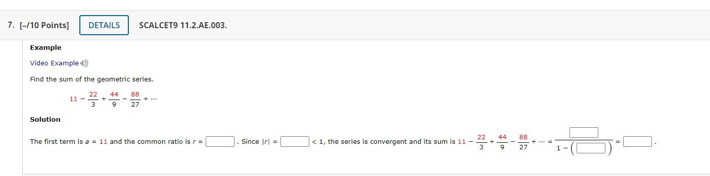 Solved Example Video Example Find the sum of the geometric | Chegg.com