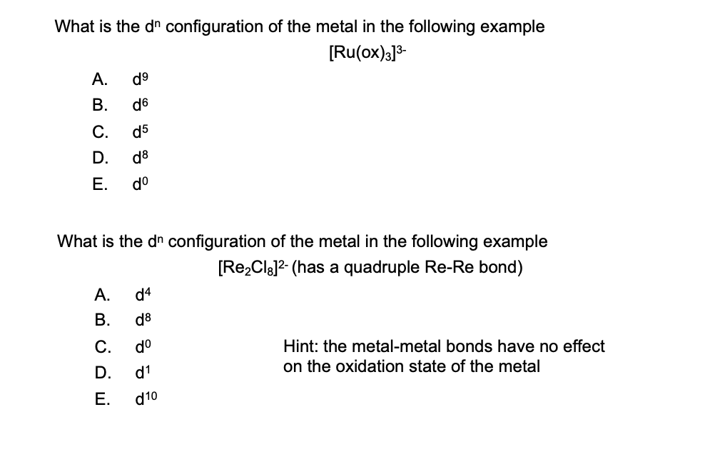 Solved What is the dn configuration of the metal in the | Chegg.com