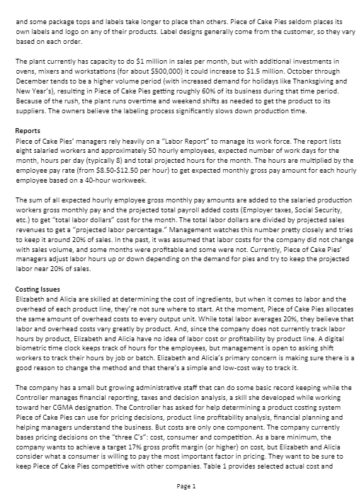 Solved Piece of Cake Pies Case Study A history of Piece of | Chegg.com