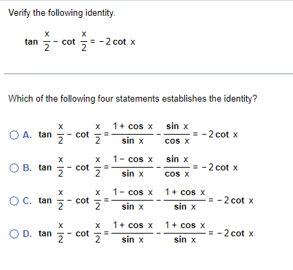 Solved Verify the following identity. х tan 2 Ž-cot cot =-2 | Chegg.com