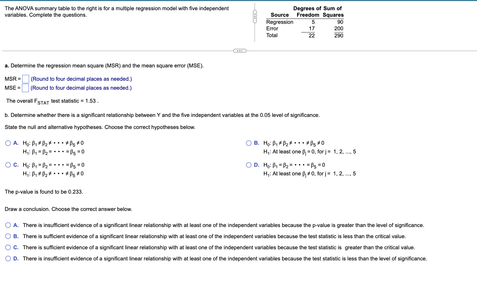Solved The ANOVA summary table to the right is for a | Chegg.com