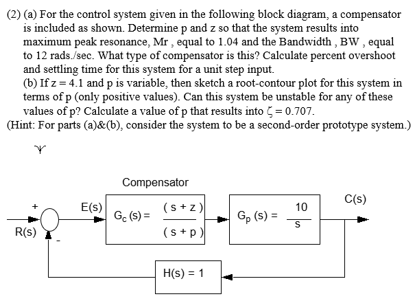 Solved (2) (a) For the control system given in the following | Chegg.com