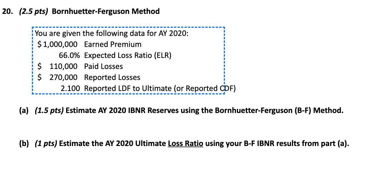 20. (2.5 pts) BornhuetterFerguson Method You are