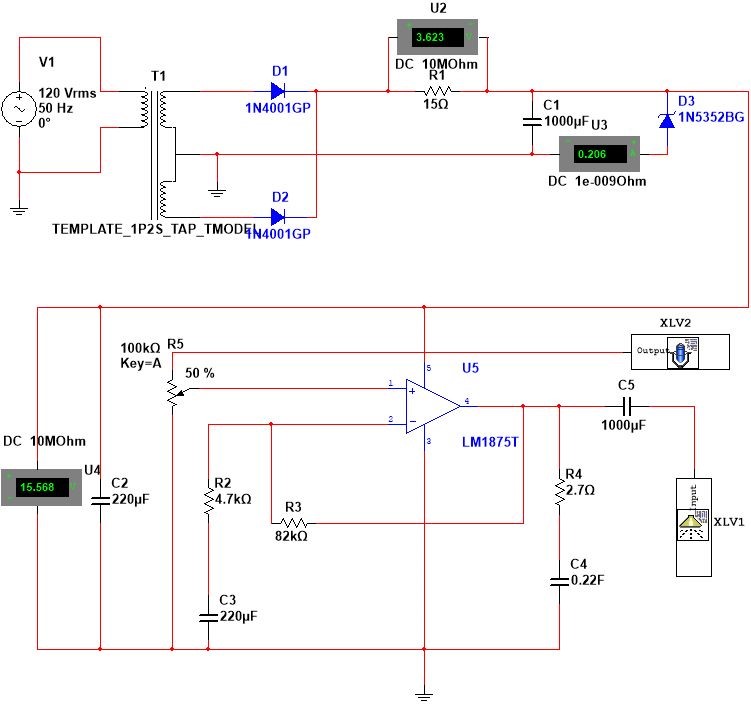 Solved Circuit of LM1875 audio amplifier with rectifier