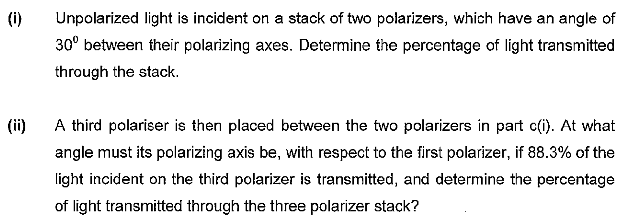 Solved (i) ﻿Unpolarized light is incident on a stack of two | Chegg.com