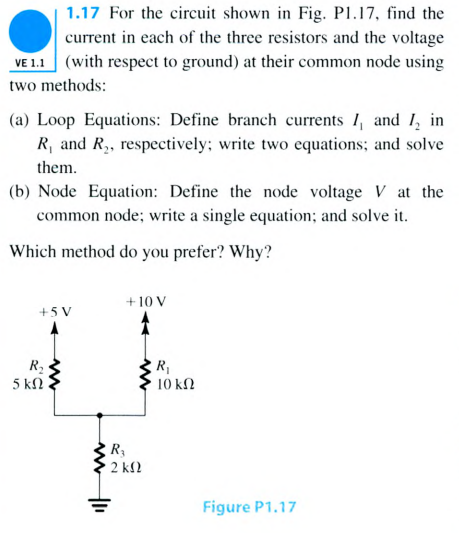 1.17 For the circuit shown in Fig. P1.17, find the current in each of the three resistors and the voltage (with respect to gr