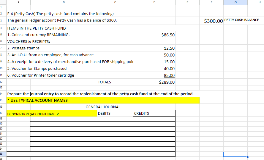 [Solved] E4 (Petty Cash) The petty cash fund contains the