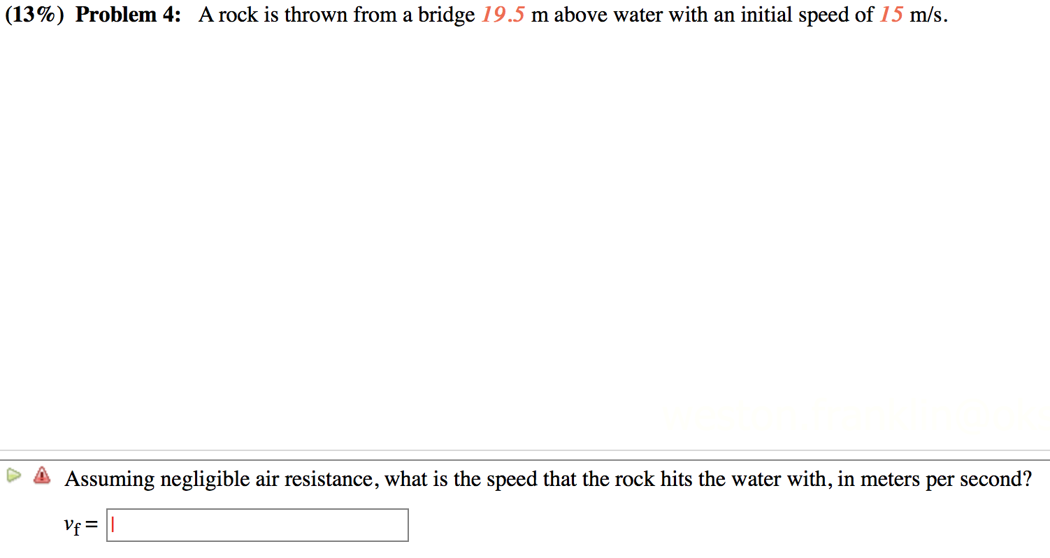 Solved (13%) Problem 4: A rock is thrown from a bridge 19.5 | Chegg.com