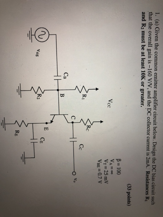 Solved common emitter amplifier circuit below. Design the DC | Chegg.com